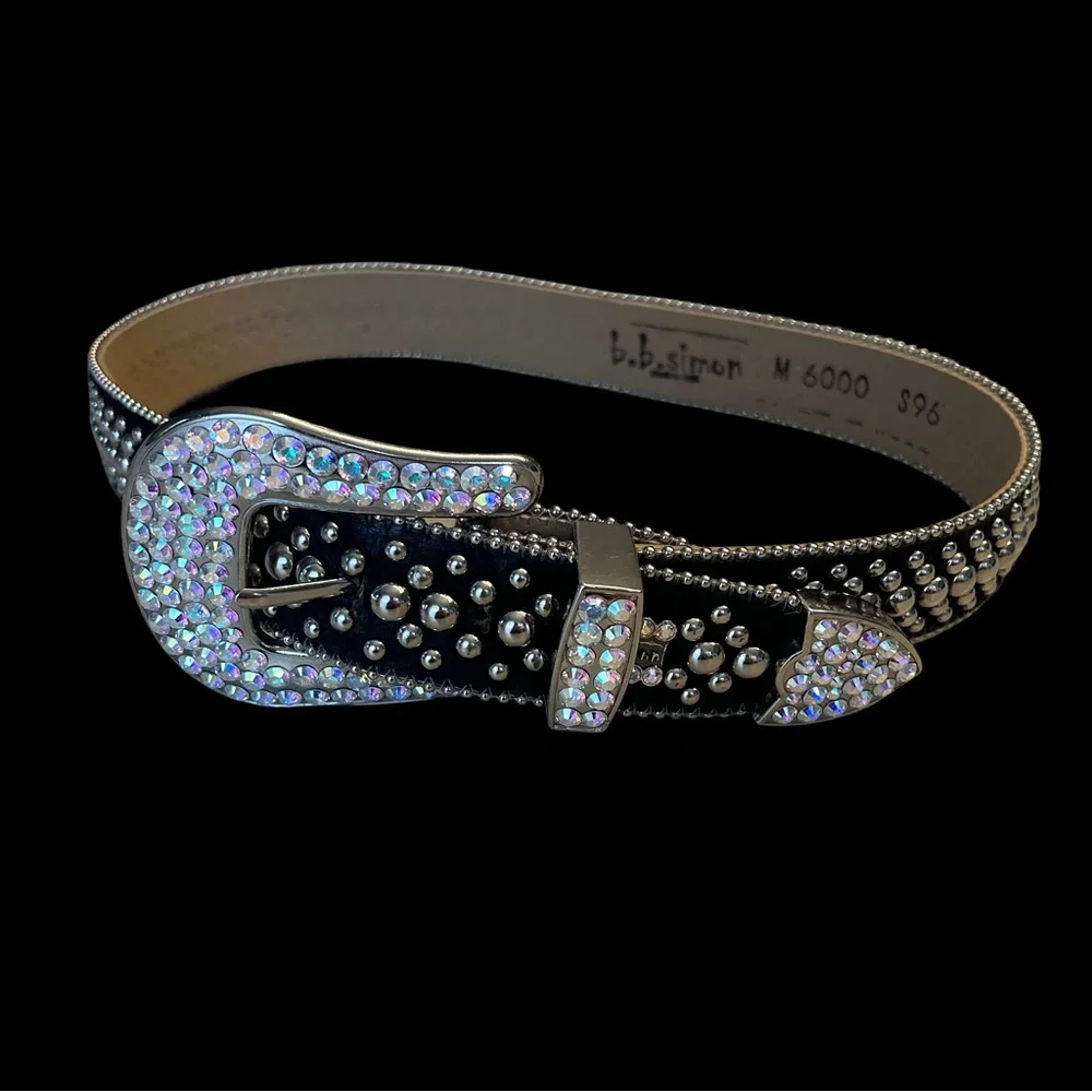 B.B. Simon M6000 Black Leather Belt with Silver and Iridescent Accents - Picture 4 of 12